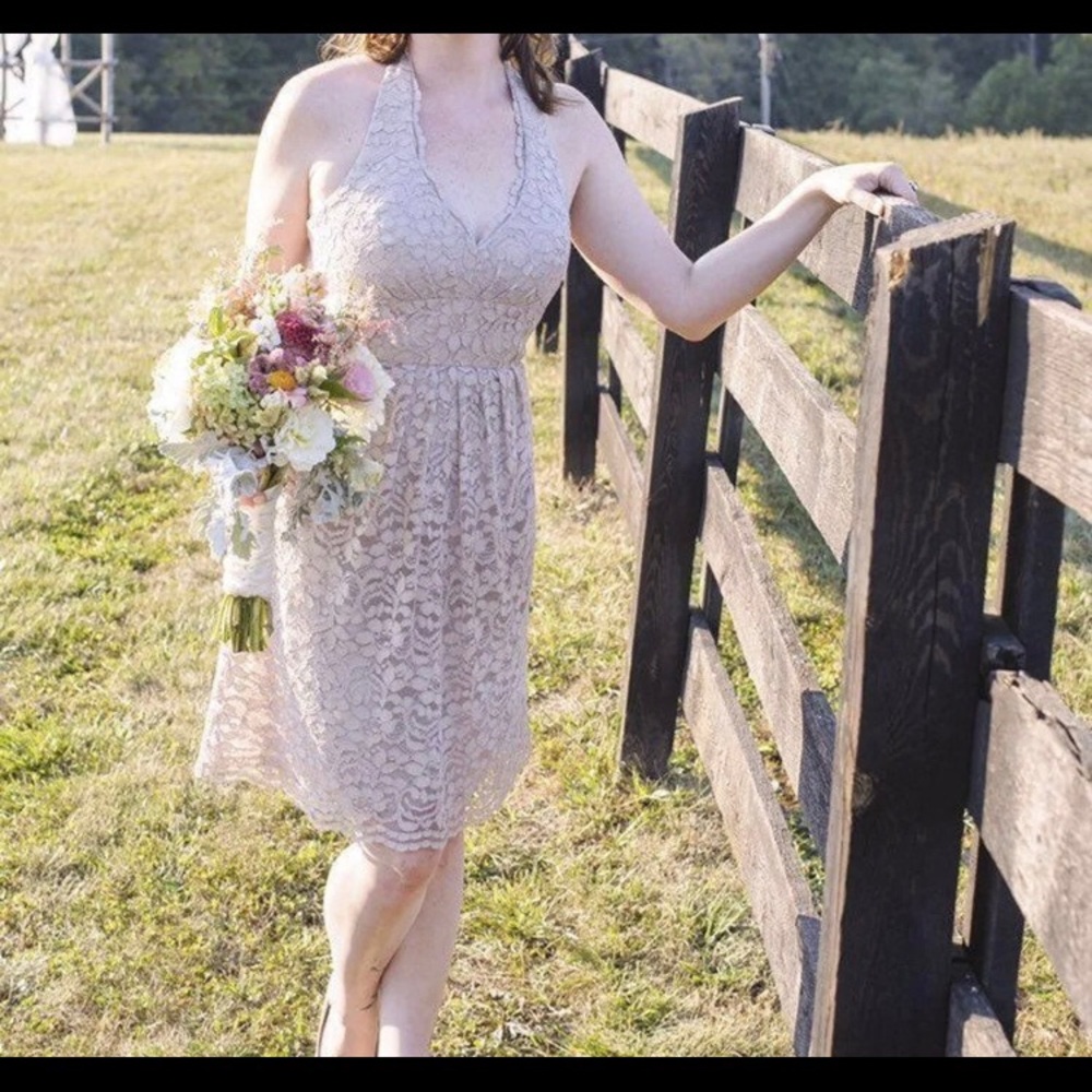 David's Bridal Floral Halter Dress Biscotti